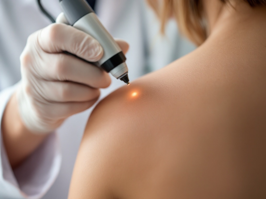 A dermatologist examining a brown spot on a patient's skin with a handheld dermatoscope
