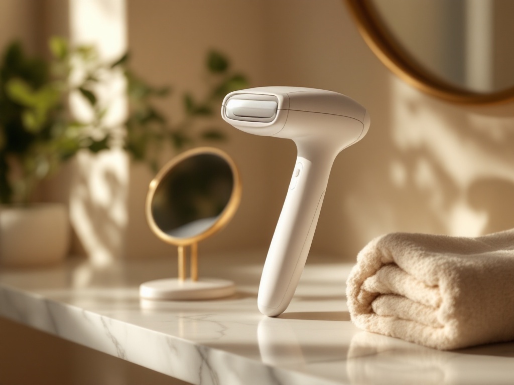 A sleek unbranded white handheld IPL device resting on a marble bathroom shelf beside a small round mirror in soft daylight