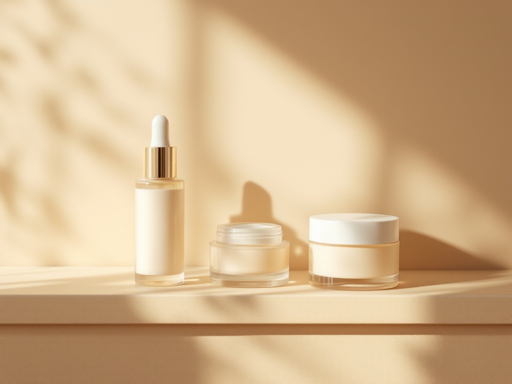 An array of unbranded over-the-counter brightening skincare products on a beige shelf