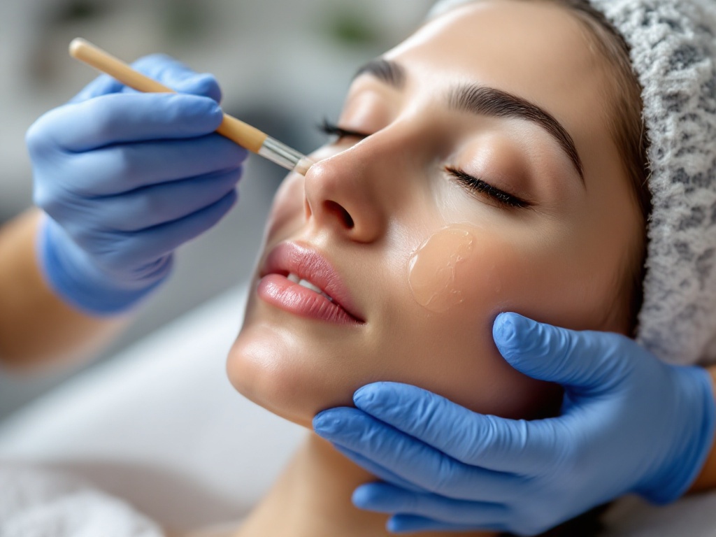 A clinician brushing a chemical peel solution onto a patient's cheek