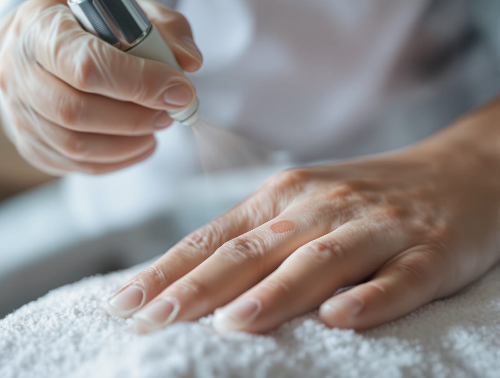A dermatologist applying a liquid nitrogen cryotherapy spray to a brown age spot on a patient's hand with visible cold vapor