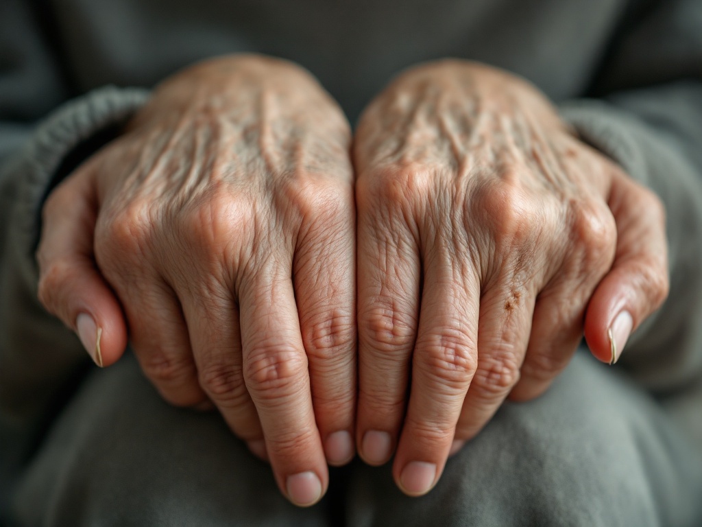 Close-up of older hands showing brown age spots, visible veins and thinning skin
