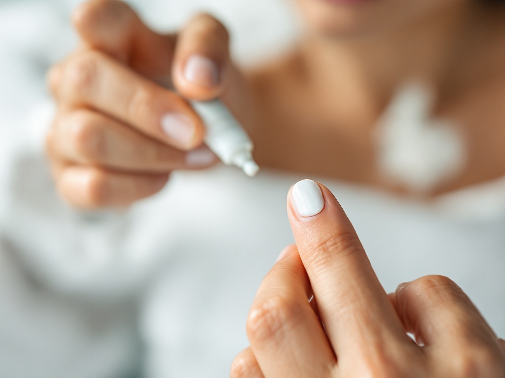An unbranded prescription skin-lightening cream tube with a dab of cream on a fingertip