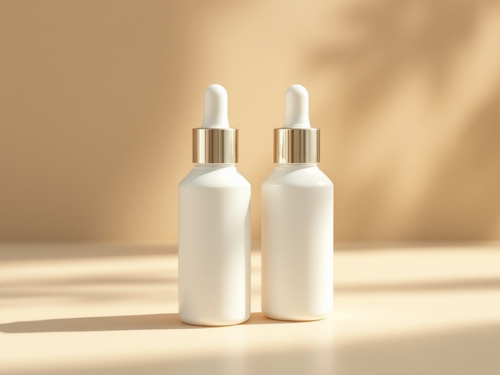 Two unbranded skincare serum bottles side by side on a warm beige surface