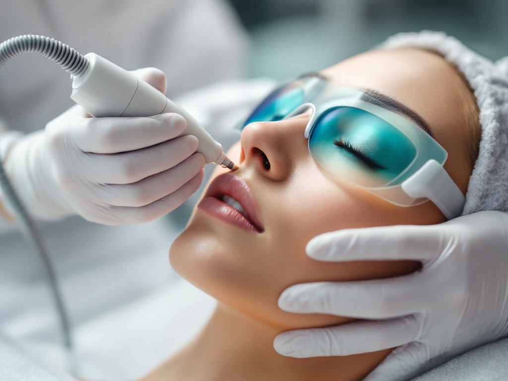 An aesthetic laser handpiece being applied to facial skin in a dermatology clinic