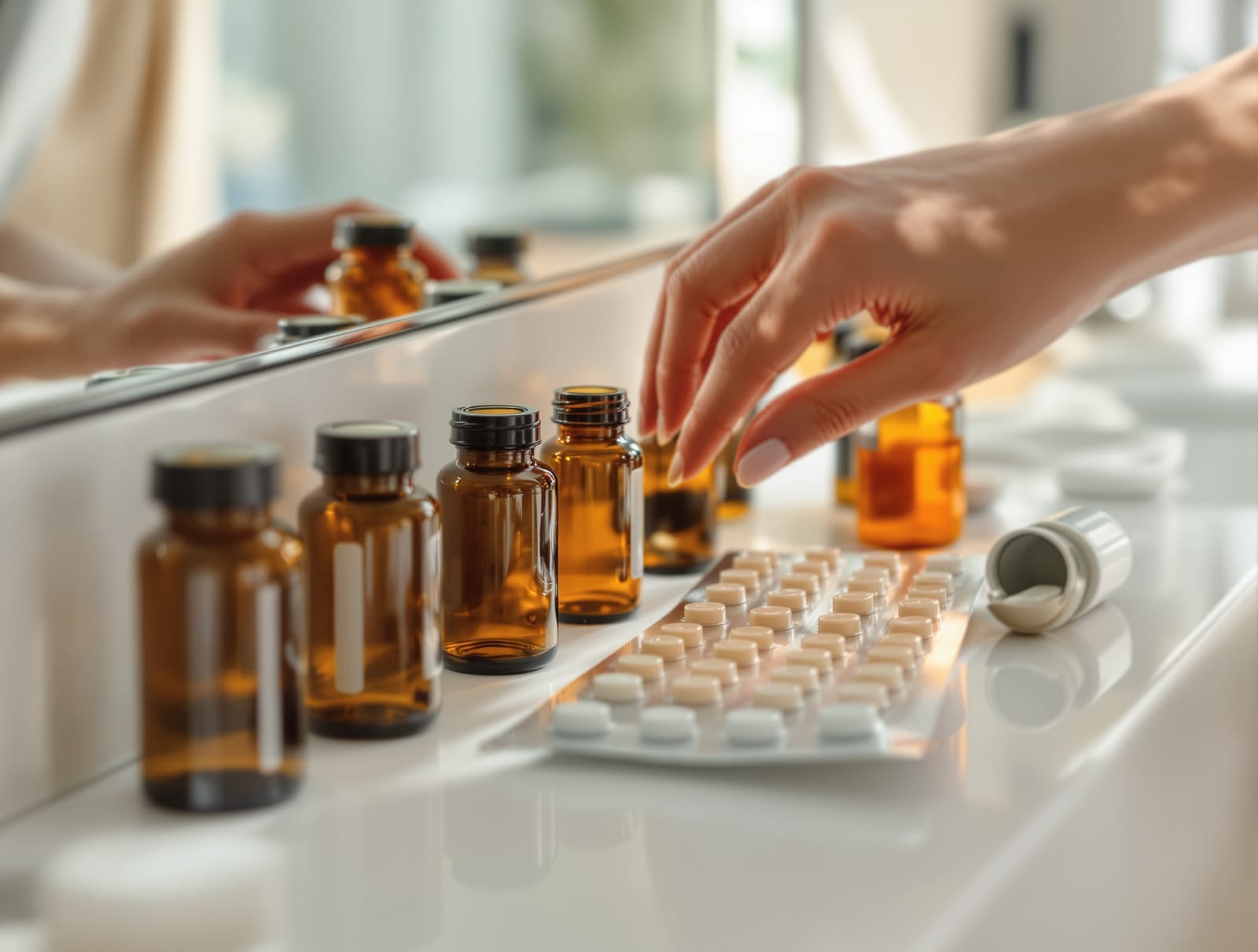 A person sorting prescription pill bottles on a bathroom counter beside a mirror in soft morning light