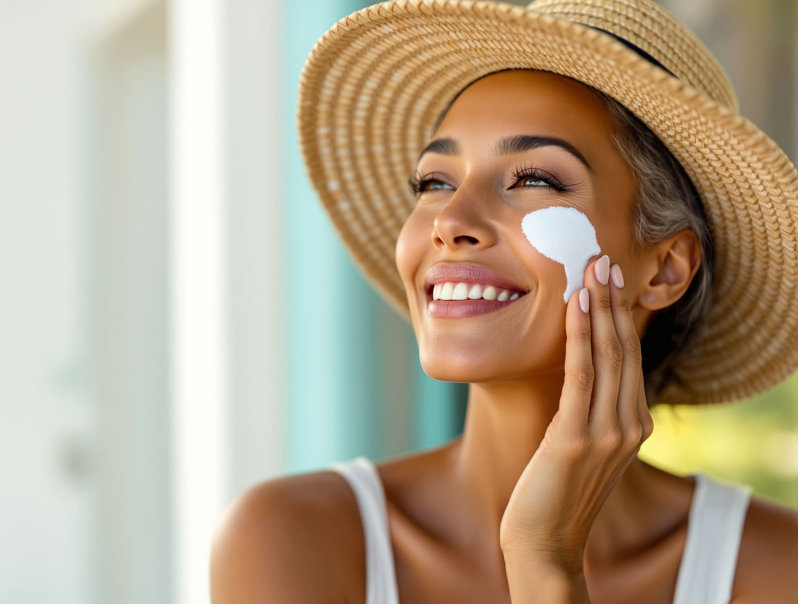 A woman applying mineral sunscreen to her cheek under a wide-brimmed straw hat in bright summer light