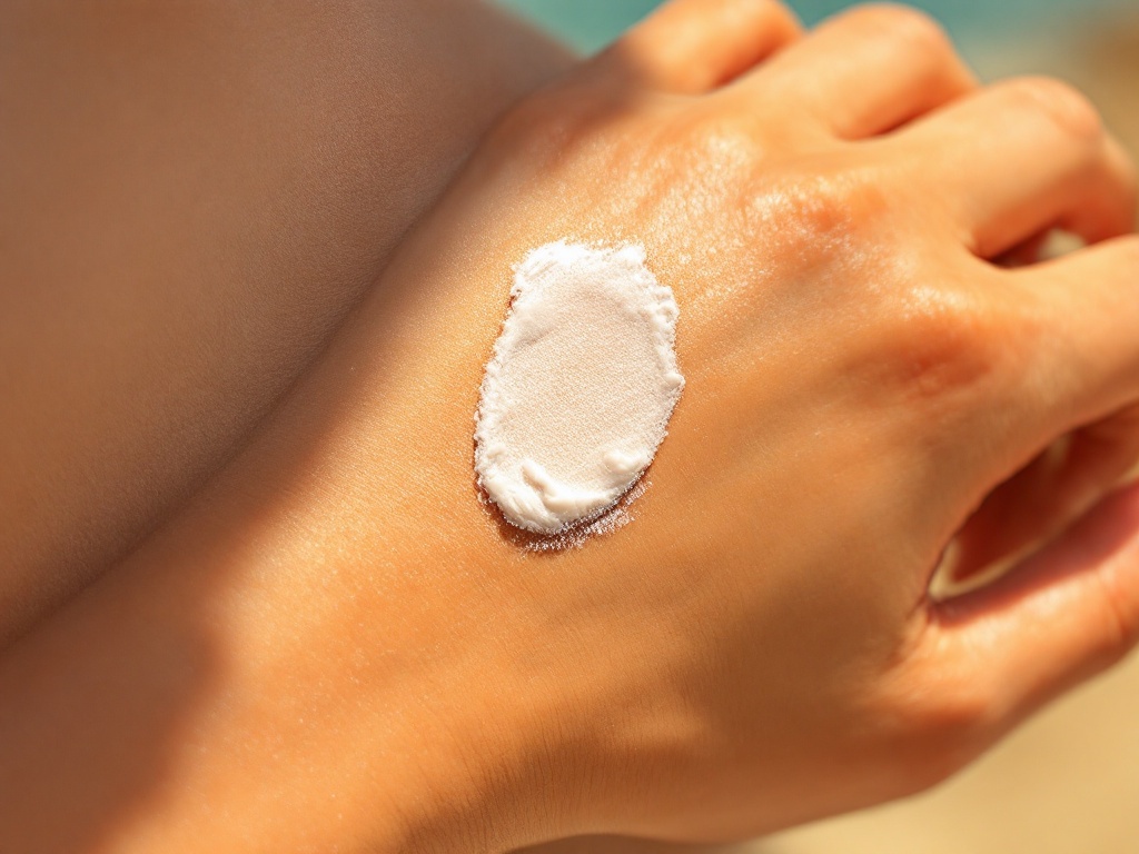 White mineral sunscreen being smoothed onto the back of a sunlit hand