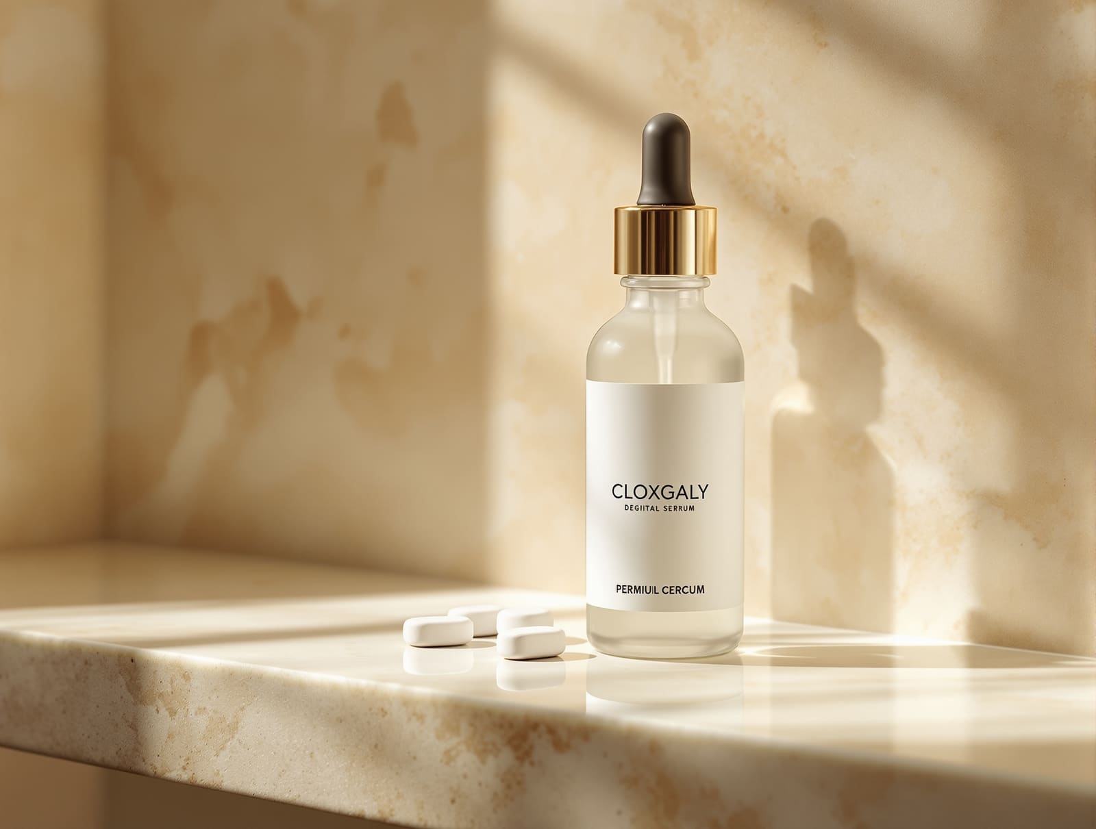 An unbranded dropper bottle of clear serum beside white tablets on a warm stone shelf in soft daylight