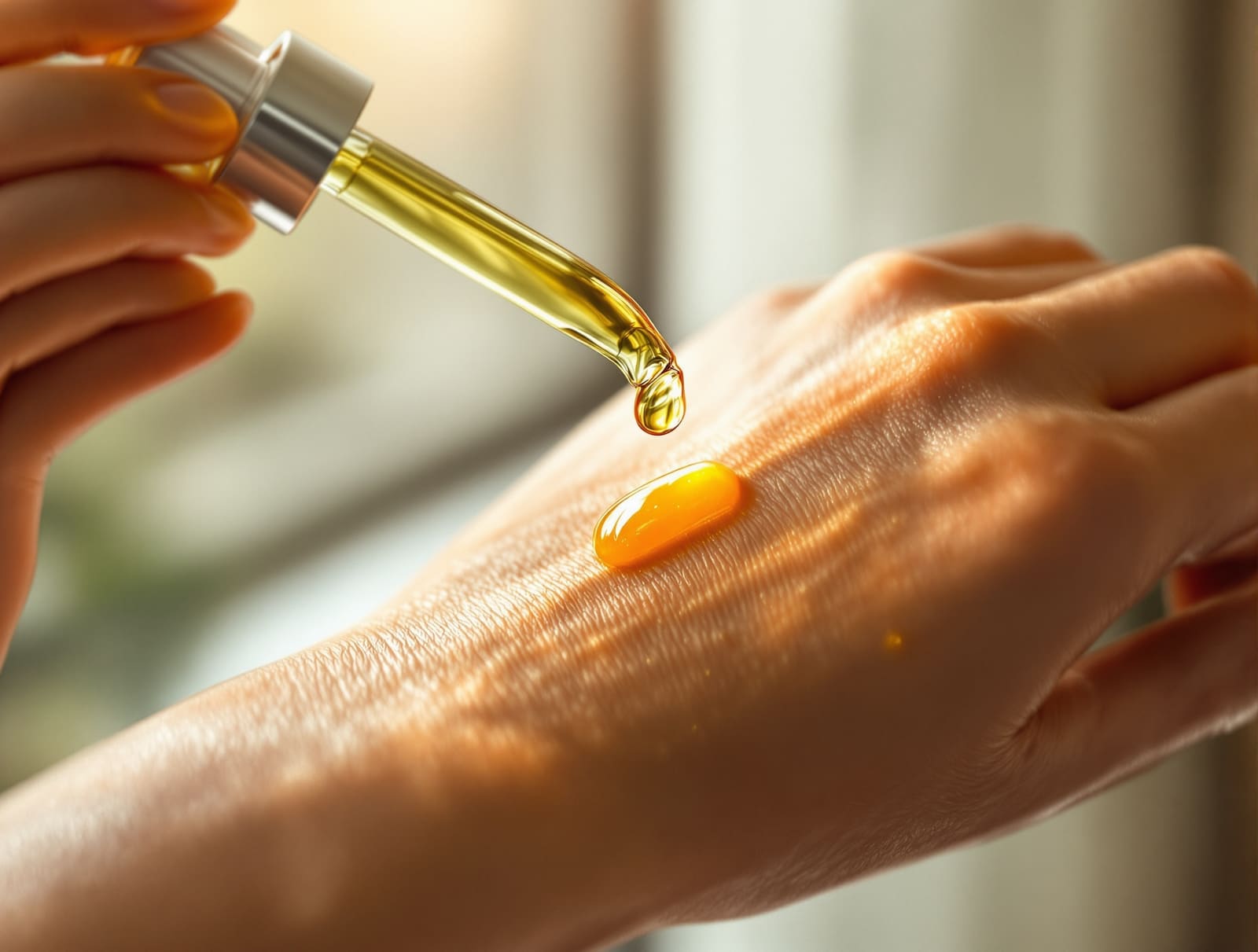 A glass dropper of golden vitamin C serum held over the back of a hand in warm morning light