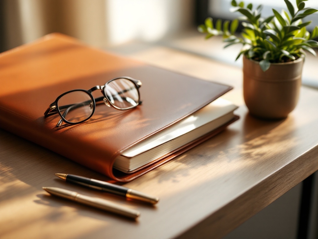 A leather folder, pen and eyeglasses arranged on a warm wooden consultation desk in a softly lit dermatology office
