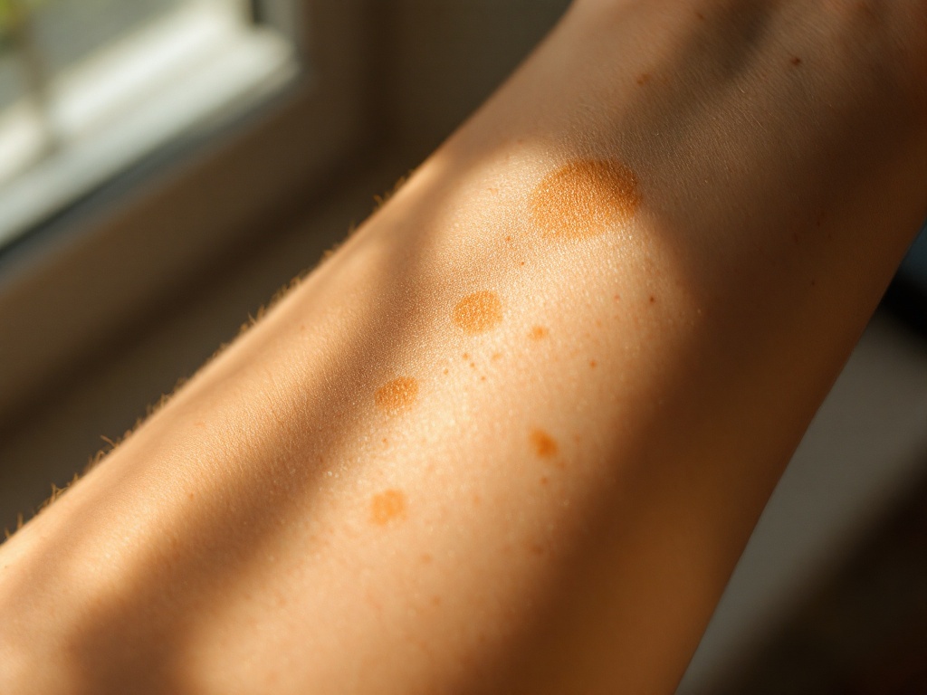 Close-up of fair forearm skin showing several flat brown sun spots in warm light